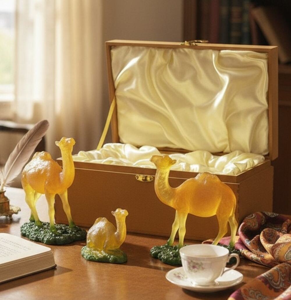 Camel Family Figurines Set of 3 with Storage Box Vintage Style Decor